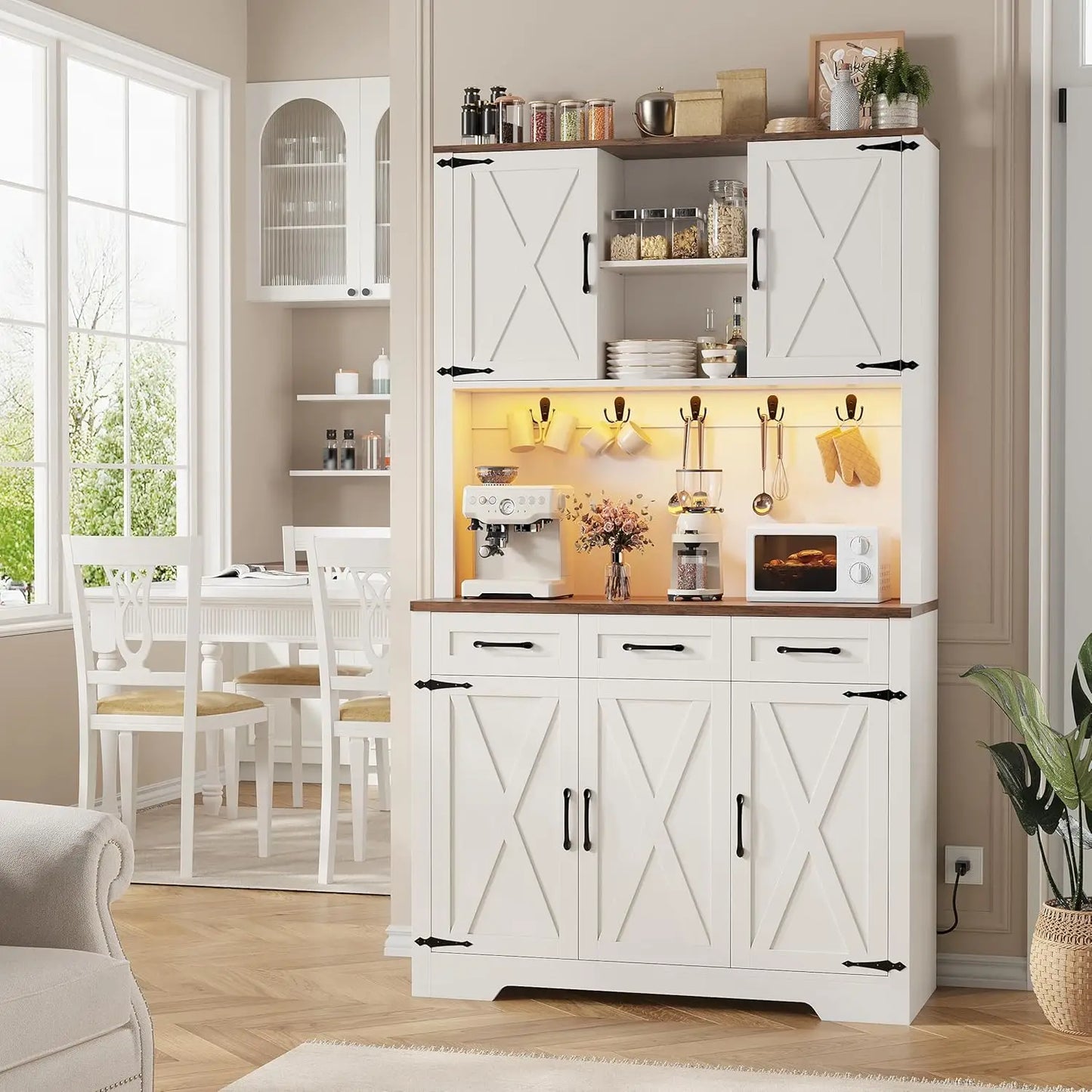 70.9" Tall Kitchen Pantry Cabinet with LED Light & Charging Station, Farmhouse Kitchen Hutch with Large Countertop & 10, Custom