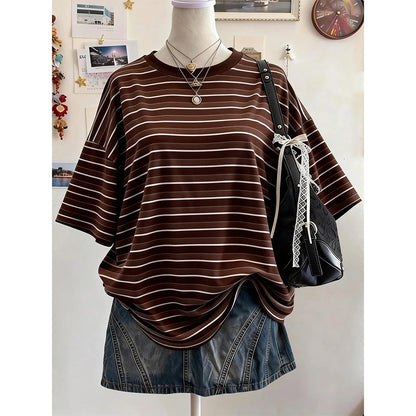 New Y2K Striped Digital Print Casual Oversized Mid-Length Round Neck Drop Shoulder Women Tshirt Street Fashion Casual Sports Top