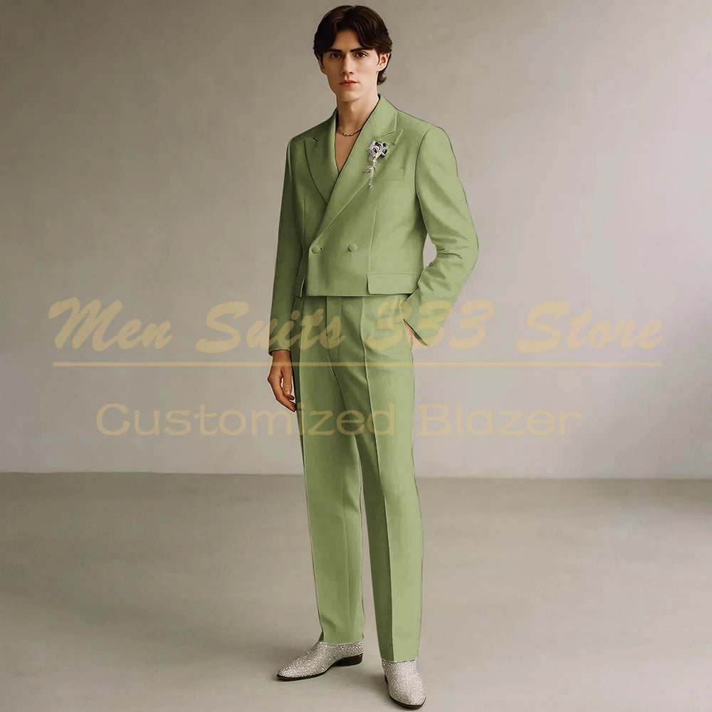 Cropped Men's Suits Formal Wedding Groomsmen 2 Piece Jacket Pants Sets Fashion Male Clothing High Quality Male Clothing Costume