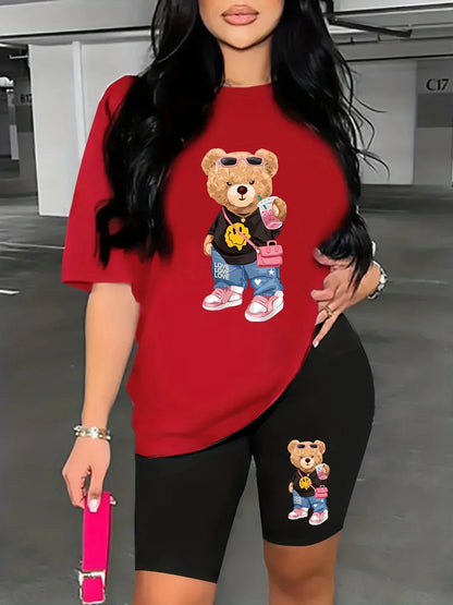 Summer Women's Bear Cartoon Print Casual Loose Round Neck Short Sleeved T-shirt Shorts Two-piece Set