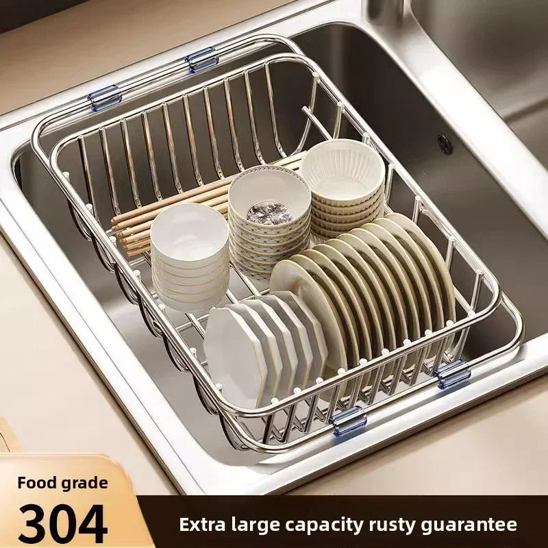 Telescopic Stainless Steel Sink Drain Basket Dishwashing Rack Kitchen Storage Organizer for Utensils and Dishes