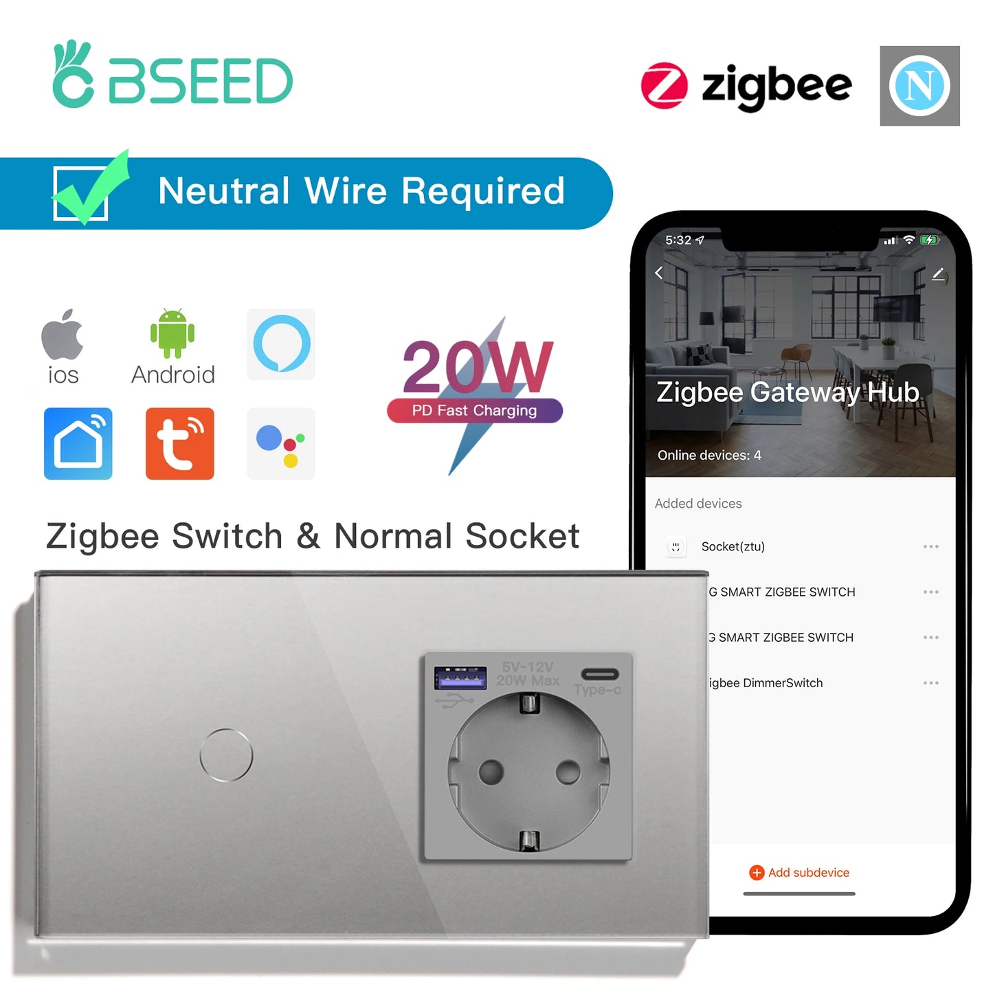 Bseed 1/2/3Gang 2Way Zigbee Light Switch Wall Touch Switch USB Type-C Fast Charge Port 20W Tuya Smart Life Google Home Control
