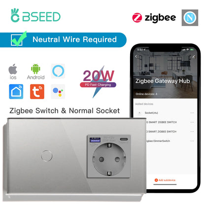 Bseed 1/2/3Gang 2Way Zigbee Light Switch Wall Touch Switch USB Type-C Fast Charge Port 20W Tuya Smart Life Google Home Control