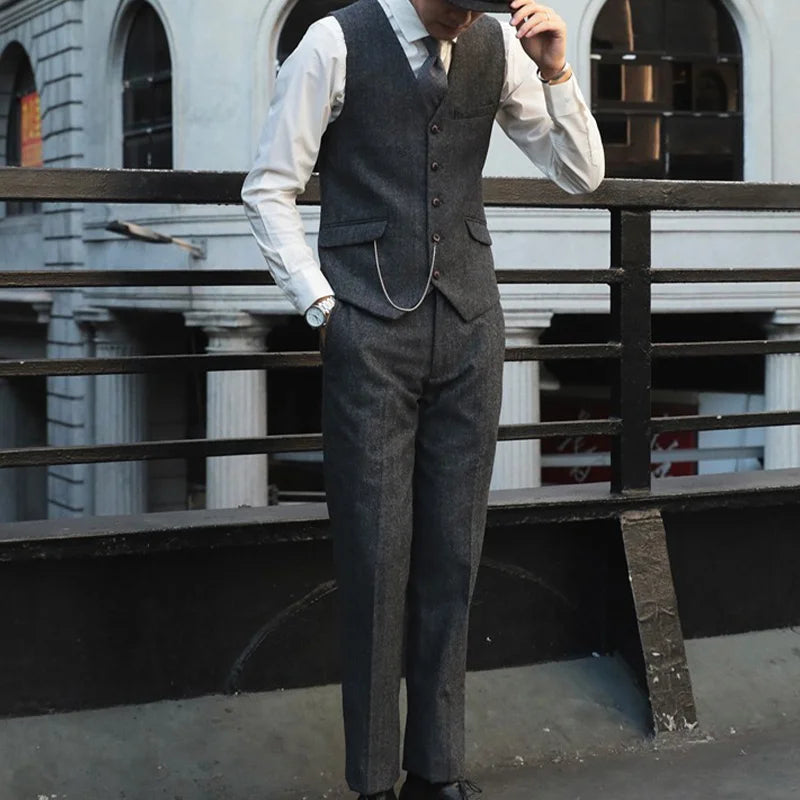 Retro British Yuppie Gentleman's Peaky Blinders Style Wool Tweed Herringbone Slim-Fit Suit Three-Piece Suit