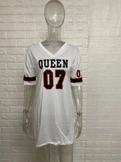 2025 New Fashion V-Neck Queen Letters Print Dress Short Sleeve Basketball Sporty Style Sexy Loose Female Clothing Streetwear