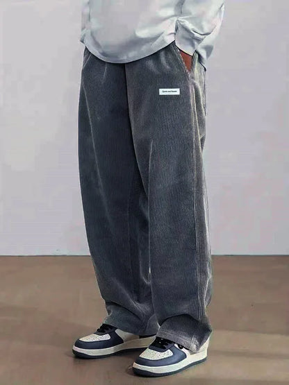 Autumn Mens Corduroy Casual Pants Fashion Loose Fit Pants Straight Sweatpants Elastic Waist Drawstring Outdoor Streetwear