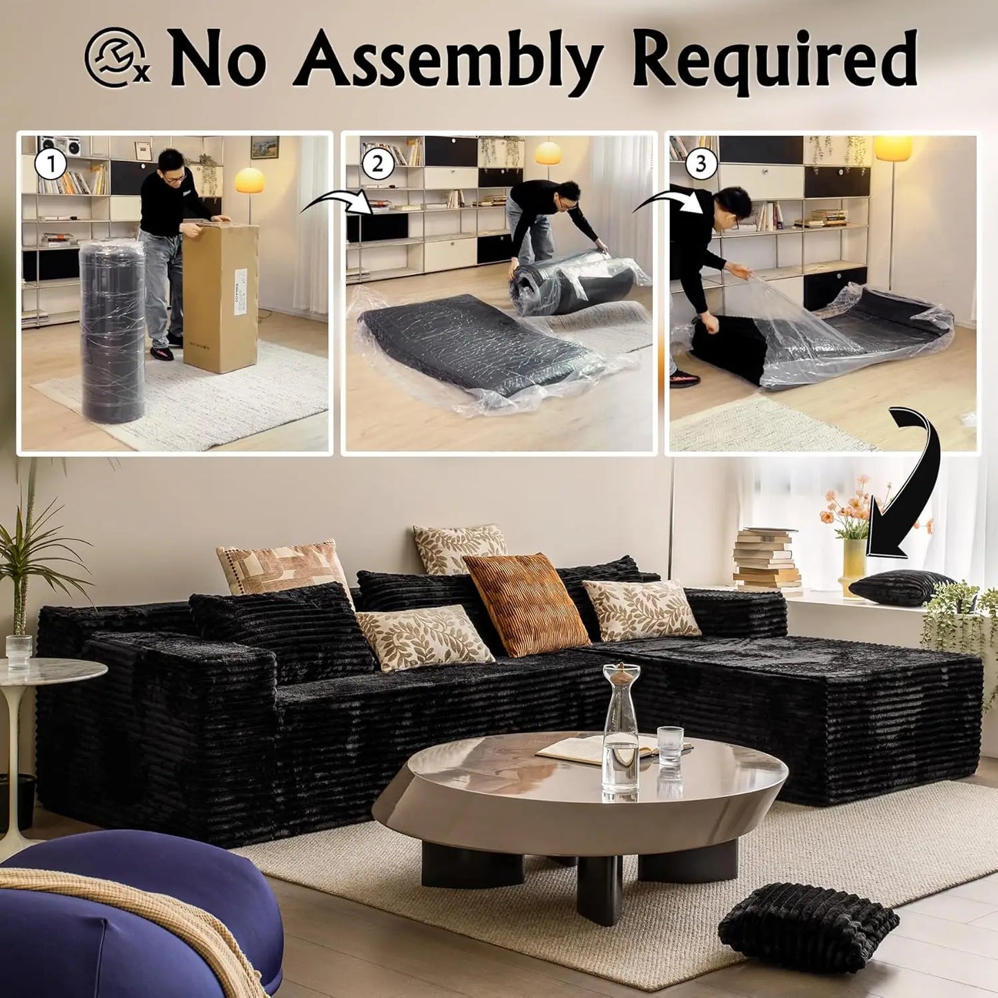 104" L-Shape Corduroy Sectional Sofa Deep Seat Chaise Living Room No Assembly Required, Custom