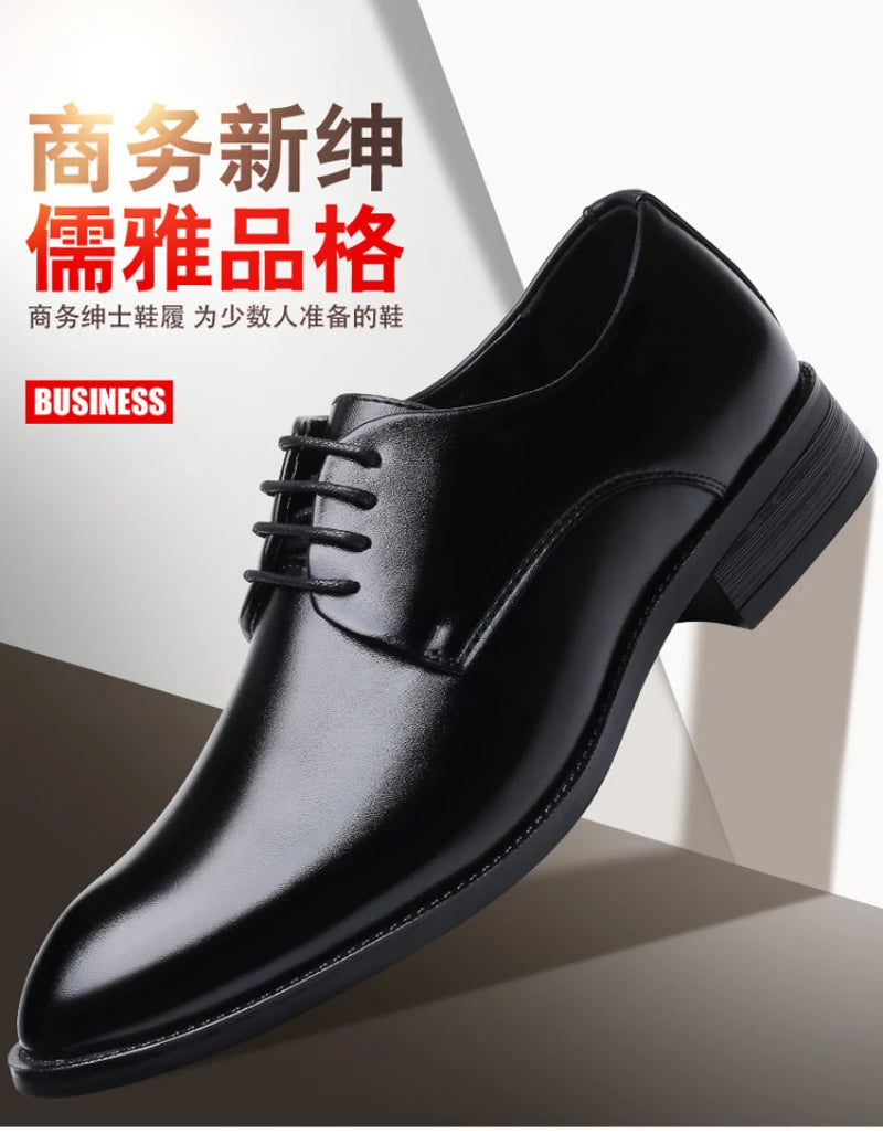 Mens Breathable Leather Dress Shoes Formal Business Footwear Pointed Toe Lace Up Flat Sole Groom Wedding Shoes Simple Leisure