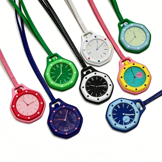 New Pocket Watch Pendant Men's and Women's Colored Candy Octagonal Quartz Movement Leather Lanyard Casual Fashion Style Gift ###