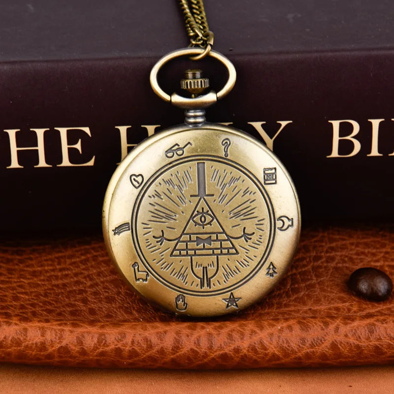 Bronze Vintage Bill Cipher Quartz Pocket Watch Analog Pendant Necklace Men Women Fob Watch Kid Chain Gift CF1034