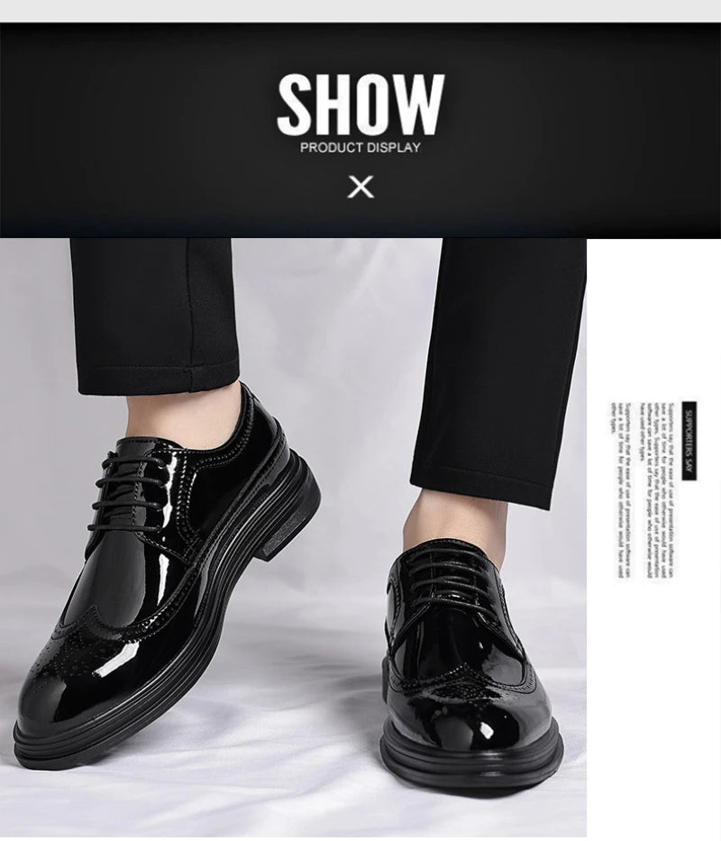 Glossy Patent Leather Brogue Perforated Carved Formal Dress Shoes Lace Up Fashion Young Men Groom Wedding Party Leather Shoes