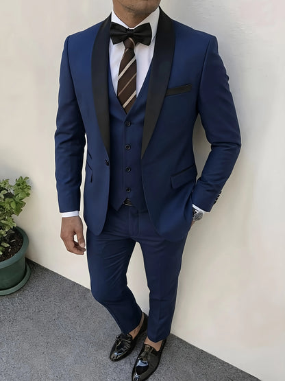 New Men's Crisp Collar Slim-fit Suit with Single Button 3pcs Suit Jacket, Dress, Business Formal Party Jacket, Vest And Trousers