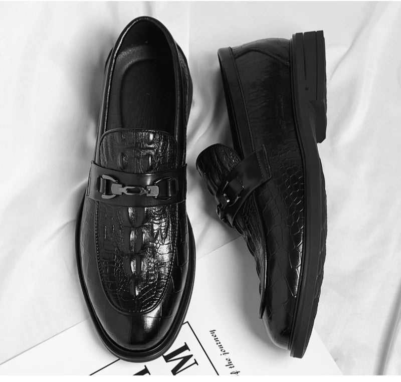 Mens Black Crocodile Embossed Leather Loafers With Metal Horsebit Buckle Thick Sole Formal Business Wedding Party Dress Shoes
