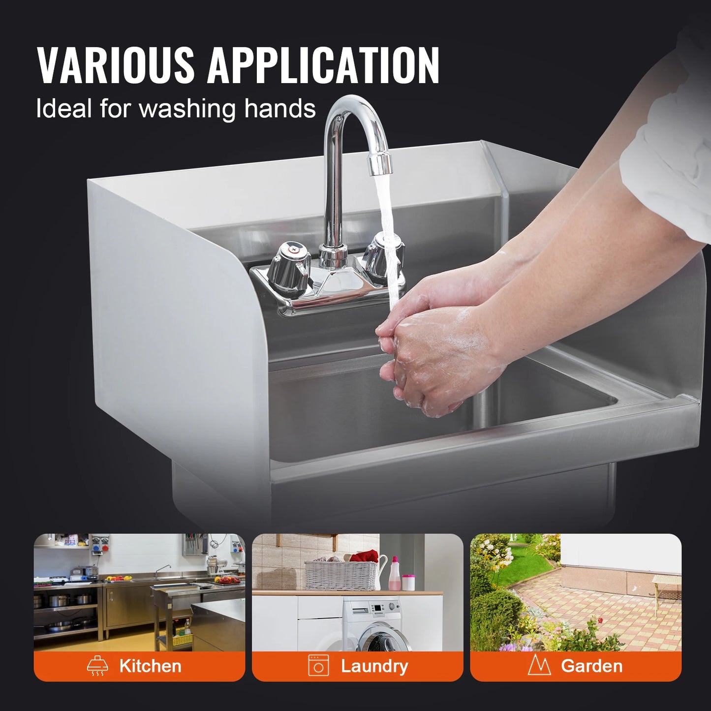 SucceBuy Commercial Hand Sink with Faucet and Side Splash Stainless Steel Sink for Washing Wall Mount Hand Basin for Restaurant