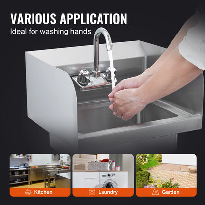 SucceBuy Commercial Hand Sink with Faucet and Side Splash Stainless Steel Sink for Washing Wall Mount Hand Basin for Restaurant