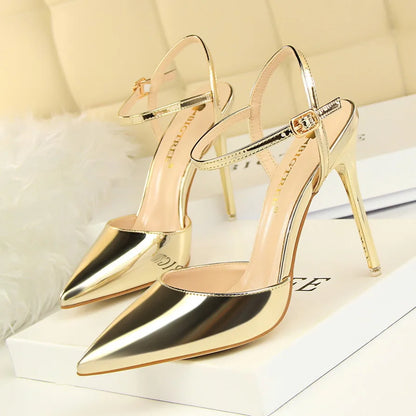 Women High Heels Sandals Metallic Gray Patent Leather Stripper Ankle Strap Wedding Nightclub Pointed Toe Party Valentine 86-1
