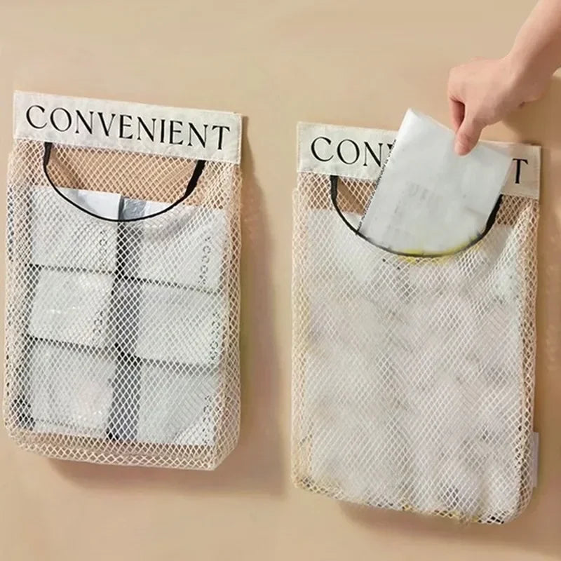 1/4PCS Wall Mount Mesh Storage Bag Garbage Holder Plastic Shopping Bags Dispenser Sundries Bag Net Storage Grocery Bag Organizer