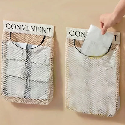 1/4PCS Wall Mount Mesh Storage Bag Garbage Holder Plastic Shopping Bags Dispenser Sundries Bag Net Storage Grocery Bag Organizer