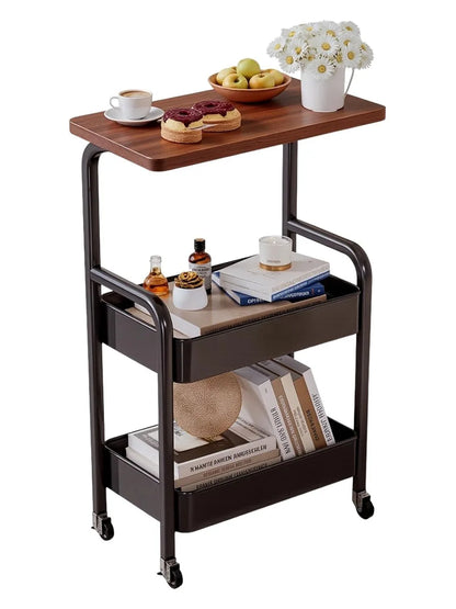 Three-Tier Metal Rolling Multi-Purpose Storage Cart with Walnut Wood Tabletop, Stable and Durable, with Two Lockable Wheels, Suitable for Kitchen, Bathroom, Snacks, Coffee, Crafts, Cosmetics and Baby Products