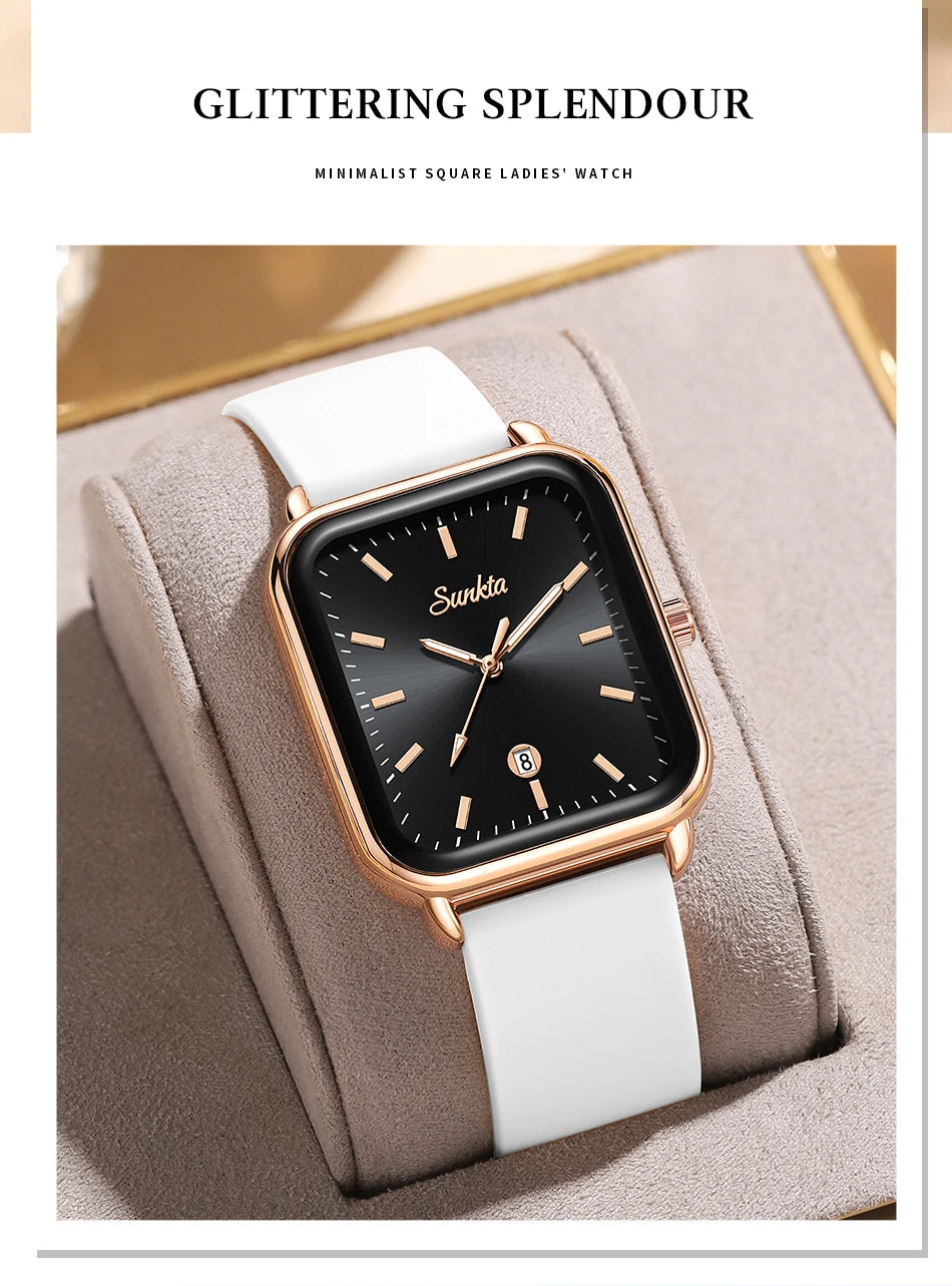 Sunkta Fashion Elegant Woman Watch Square Luxury Retro Silicone Belt Auto Date Casual Waterproof Luminous Quartz Watches for Men