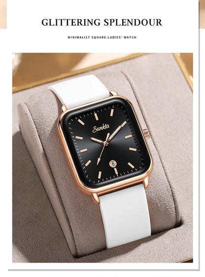 Sunkta Fashion Elegant Woman Watch Square Luxury Retro Silicone Belt Auto Date Casual Waterproof Luminous Quartz Watches for Men