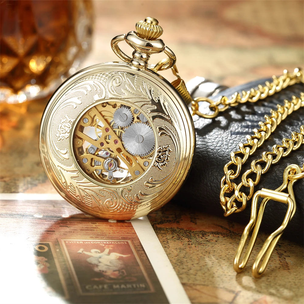Vintage Skeleton Mechanical Pocket Watch Engraved Floral Design Hand Wind Fob Watch With Chain For Men Women Luxury Antique Gift