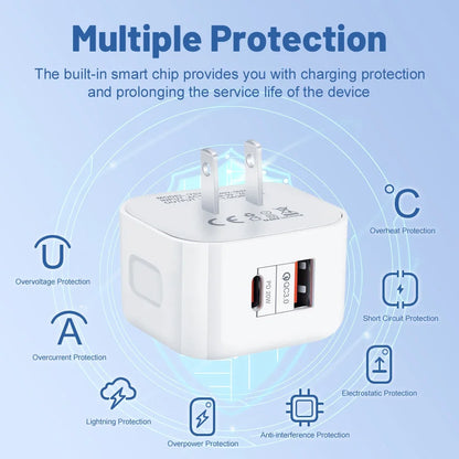 1Pcs 20W Dual Ports Wall Charger Type-C USB C PD Phone Fast Charger Super Quick Charging Power Adapters EU/US/UK Plug For iPhone