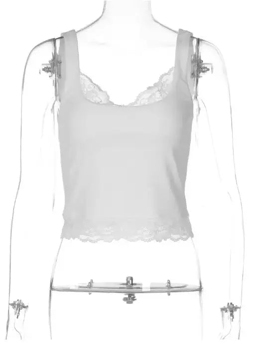 Square Collar Backless Slim Lace Ruffles Patchwork Tank Top Women'S Fashion Sexy Y2K Top Party Vacation Short Summer Clothes