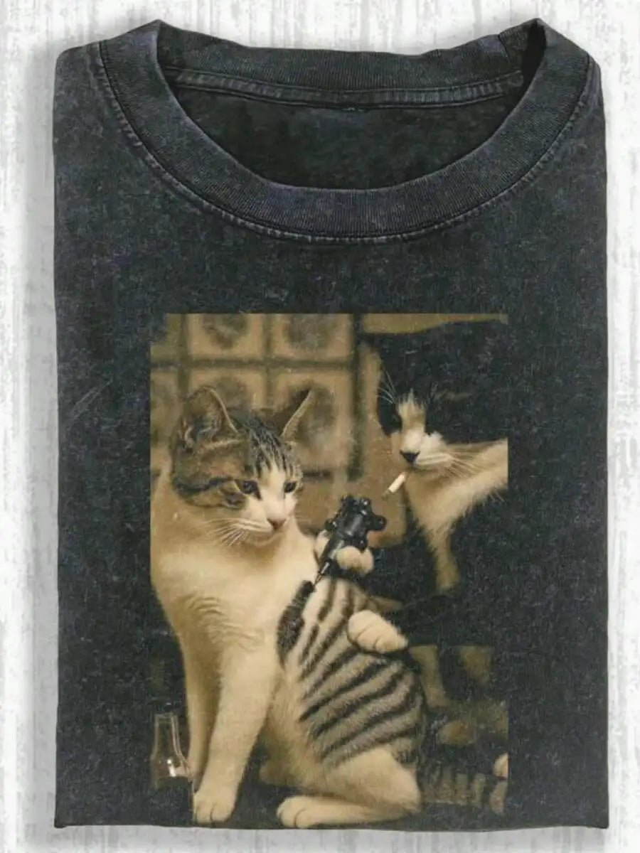 Washed Smoking Cat Graphic T-Shirt