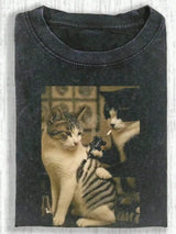 Washed Smoking Cat Graphic T-Shirt
