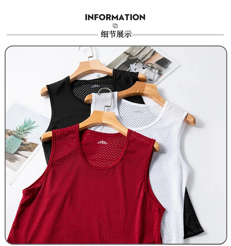 Men's Ice Silk Mesh Tank Tops Man Gym Stringer Transparent Bodybuilding Sleeveless Shirt Fitness Vest Male Muscle Singlets L-5XL
