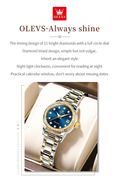 OLEVS 7003 Women Automatic Watch Waterproof Luminous Calendar Mechanical Ladies Wristwatch Steel Strap Luxury Watch Women