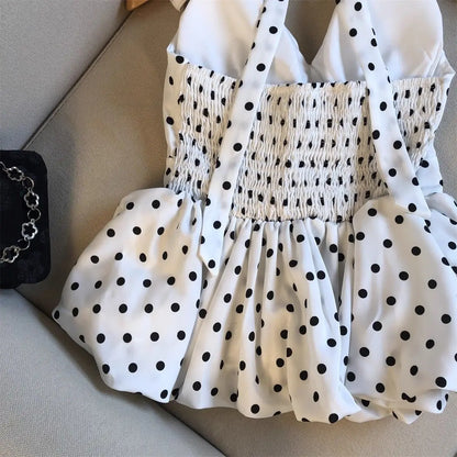 Backless Sexy Halter Beach Babydoll Crop Tops Women Polka Dots V Neck Sleeveless T Shirt Ruffles Basic Tees Not-Padded Pad