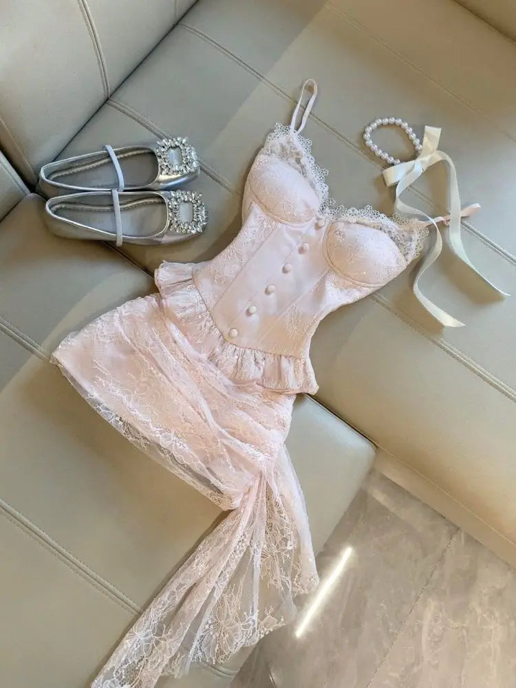 Summer Sweet Preppy Style 2 Piece Sets Women Y2k Kawaii Lolita Design Tops + High Waist Chic Skirt Female Princess Retro Outfits
