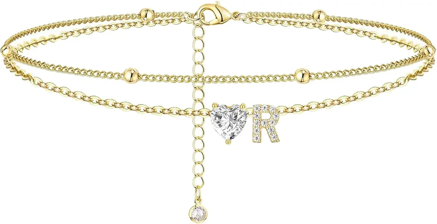 Waterproof cz Ankle Bracelets for Women  14K Gold Plated CZ Initial Dainty Layered Heart Anklets Foot Chain Summer Beach Jewelry