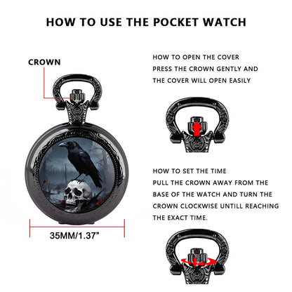 Gothic Design Black Raven Pocket Watch with Necklace Alloy Case & Band,Quartz Movement, Non-Waterproof Watch for Men Women Kids