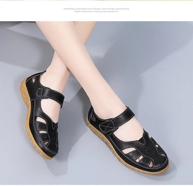 WOIZGIC Female Ladeis Mother Women's Genuine Leather Loater Flats Sandals Shoes Summer Cool Soft Outside Beach