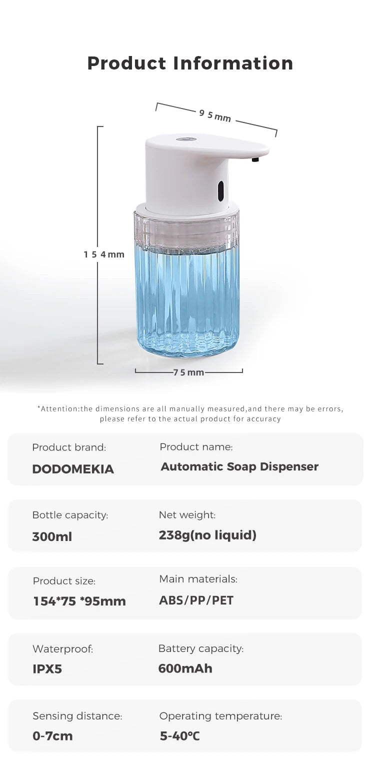 Kitchen 300ml Automatic Liquid Soap Dispenser USB Rechargeable Touchless Hand High Capacity Detergent Bathroom Dispenser
