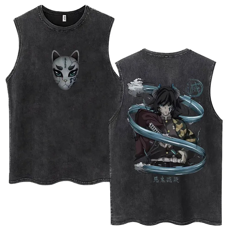 Washed Anime Demon Slayer Hashibira Inosuke Mask Face Tank Tops Men Women Vintage Fashion Cotton Sleeveless T Shirts Streetwear