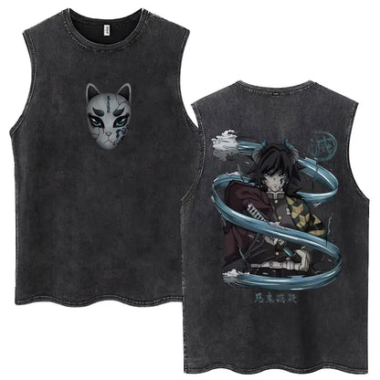 Washed Anime Demon Slayer Hashibira Inosuke Mask Face Tank Tops Men Women Vintage Fashion Cotton Sleeveless T Shirts Streetwear