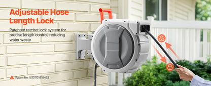 SucceBuy Retractable Garden Hose Reel Wall Mounted Hose Reel Heavy Duty Garden Hose Reel with 9Pattern Nozzle 180°Swivel Bracket