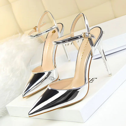 Women High Heels Sandals Metallic Gray Patent Leather Stripper Ankle Strap Wedding Nightclub Pointed Toe Party Valentine 86-1