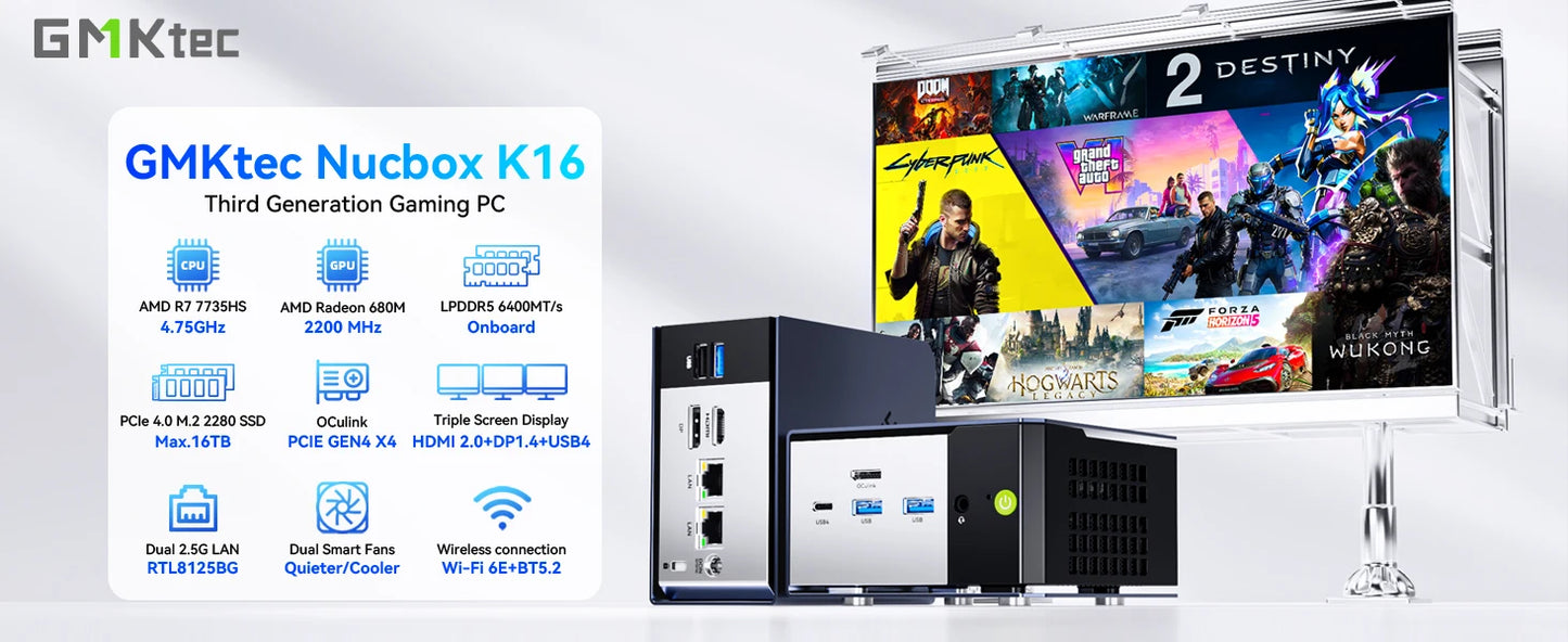 MKtec NucBox K16 Mini PC AMD Ryzen7 7735HS LPDDR5 6400Mhz 32GB Pcie 4.0 SSD Windows 11Pro WIFI 6E BT 5.2 Full-featured USB4.0