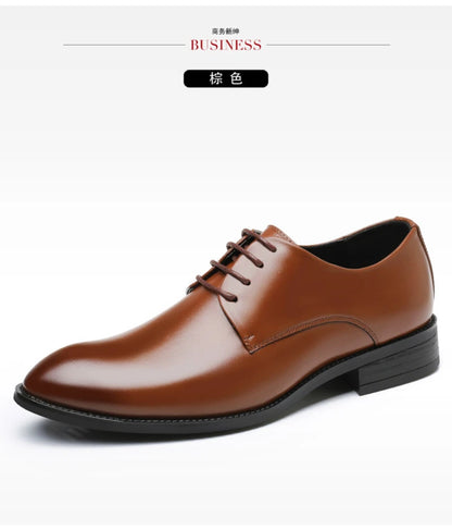 Mens Breathable Leather Dress Shoes Formal Business Footwear Pointed Toe Lace Up Flat Sole Groom Wedding Shoes Simple Leisure
