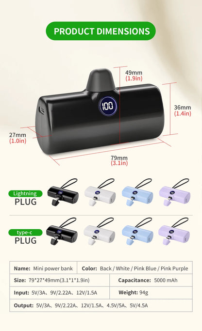 Fast Charge Portable Charger for iPhone Samsung Xiaomi Compact External Spare Battery Built-in Plug PD Fast Charging Power Bank