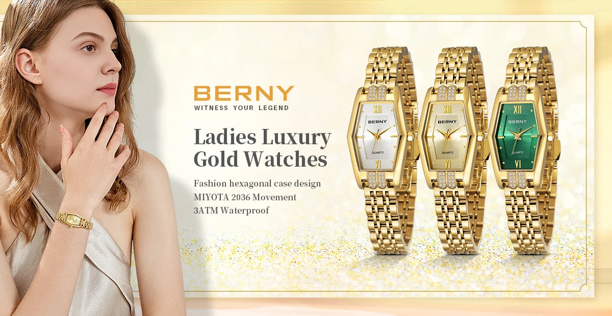 BERNY Gold Watches for Women Elegant Dainty Hexagon Ladies Quartz Wrist Watches Stainless Steel Band Fashion Luxury Bracelet