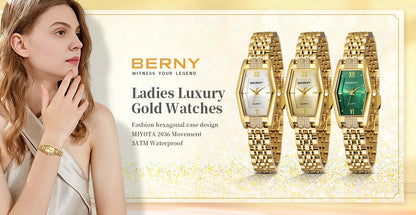 BERNY Gold Watches for Women Elegant Dainty Hexagon Ladies Quartz Wrist Watches Stainless Steel Band Fashion Luxury Bracelet