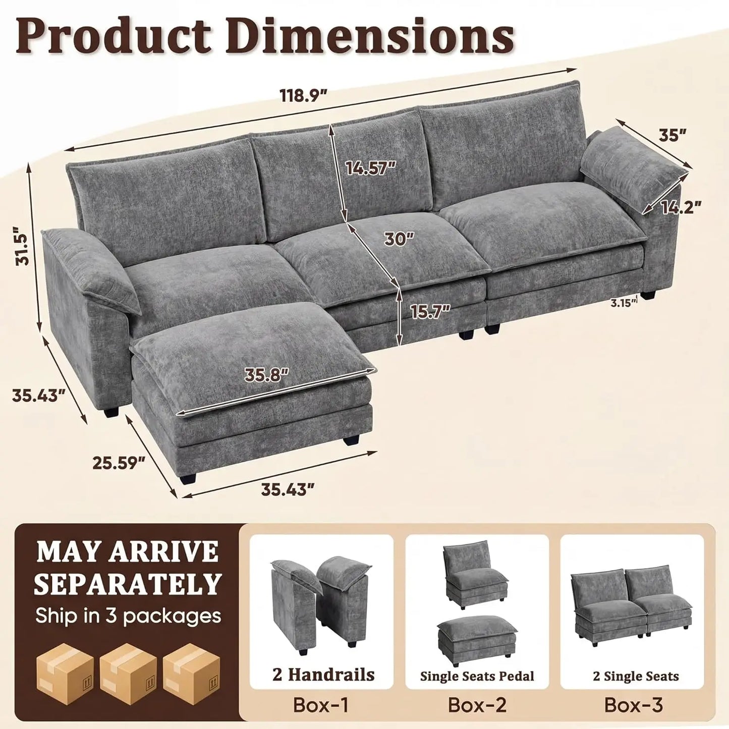 118.9" Modular Sectional Cloud Couch 3-Seat Sofa Set with Movable Ottoman, L Shaped Sofa Couch with Deep Seat,, Customized