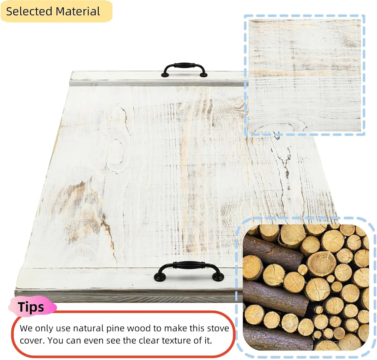 Noodle Board Stove Cover with Handles, Pine Wood Stove Top Cover, Stove Top Cutting Board, Counter Space Top Covers for Kitchen