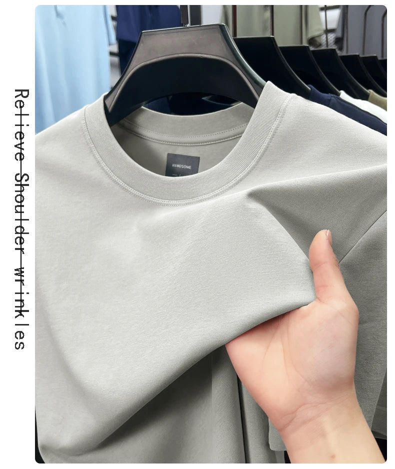 High quality luxury short sleeve T-shirt summer breathable cool silk cotton fashion solid color round neck top casual men's wear
